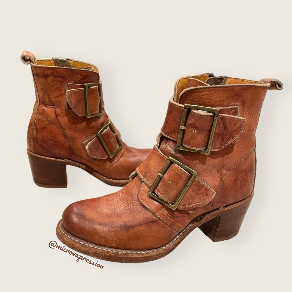Frye Sabrina Double Buckle Academia Cognac Real Leather Block Heel Ankle Booties - Picture 14 of 14